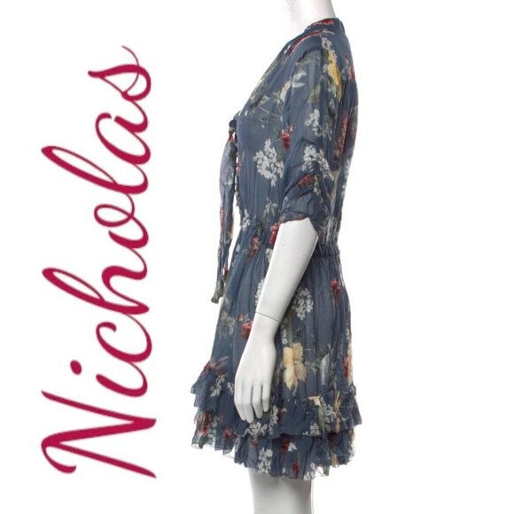 NWT NICHOLAS 100% Silk Floral Ruffled Mini Dress, Size 8 - Picture 9 of 12
